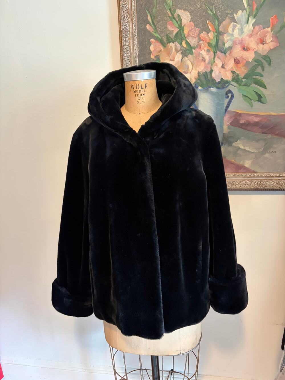 Pamela McCoy Tiger Mills Black Faux Fur Hooded Jacket Coat Womens MED 8/10